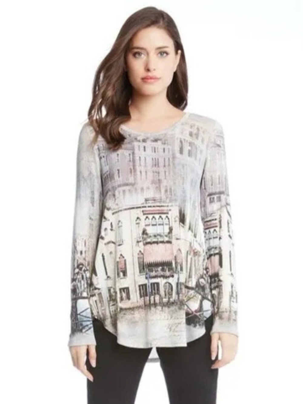 Printed Long-Sleeve Scoop Neck Top in Light Gray and Cream